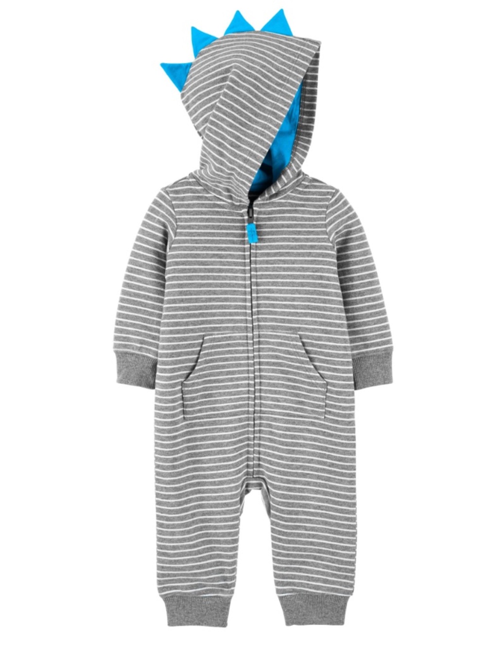 🫐3/$30 Carter's Gray & Blue Striped Hooded Footed Romper size 9m